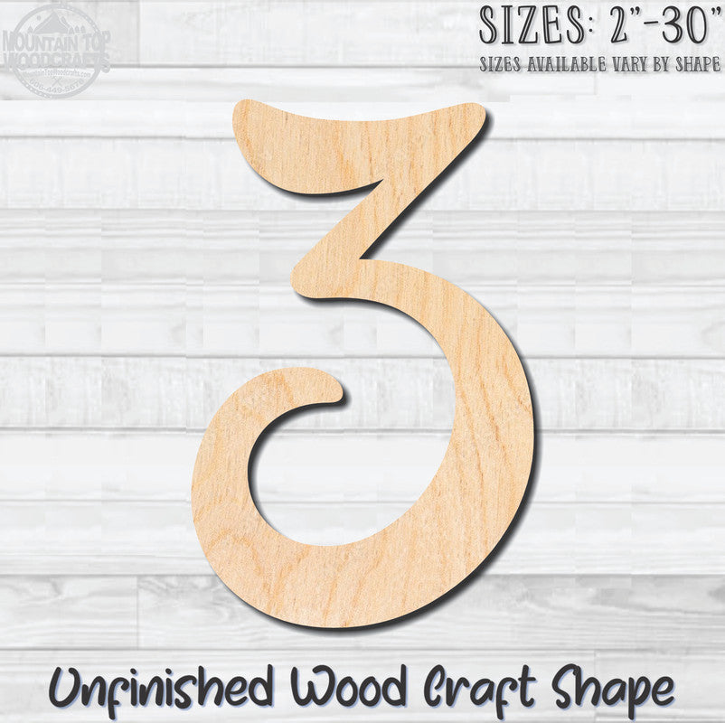 Script Number 3 Fancy Unfinished Wood Shape Blank Laser Engraved Cutout Woodcraft Craft Supply