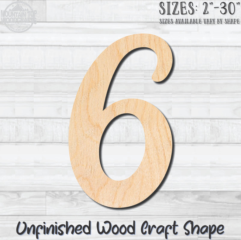 Script Number 6 Fancy Unfinished Wood Shape Blank Laser Engraved Cutout Woodcraft Craft Supply