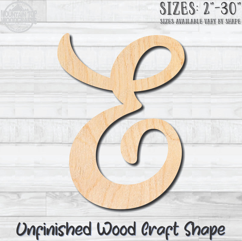 Script Letter E Fancy Unfinished Wood Shape Blank Laser Engraved Cutout Woodcraft Craft Supply
