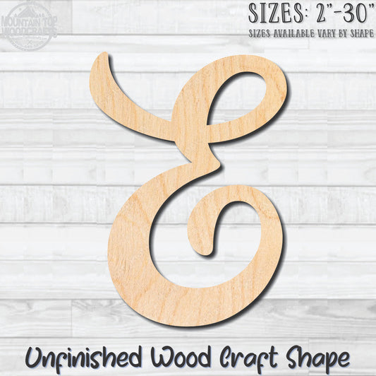 Script Letter E Fancy Unfinished Wood Shape Blank Laser Engraved Cutout Woodcraft Craft Supply