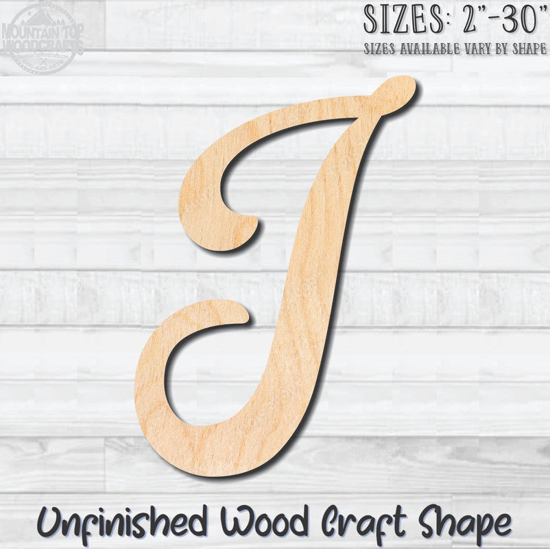 Script Letter J Fancy Unfinished Wood Shape Blank Laser Engraved Cutout Woodcraft Craft Supply