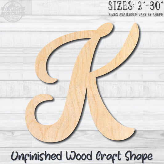 Script Letter K Fancy Unfinished Wood Shape Blank Laser Engraved Cutout Woodcraft Craft Supply
