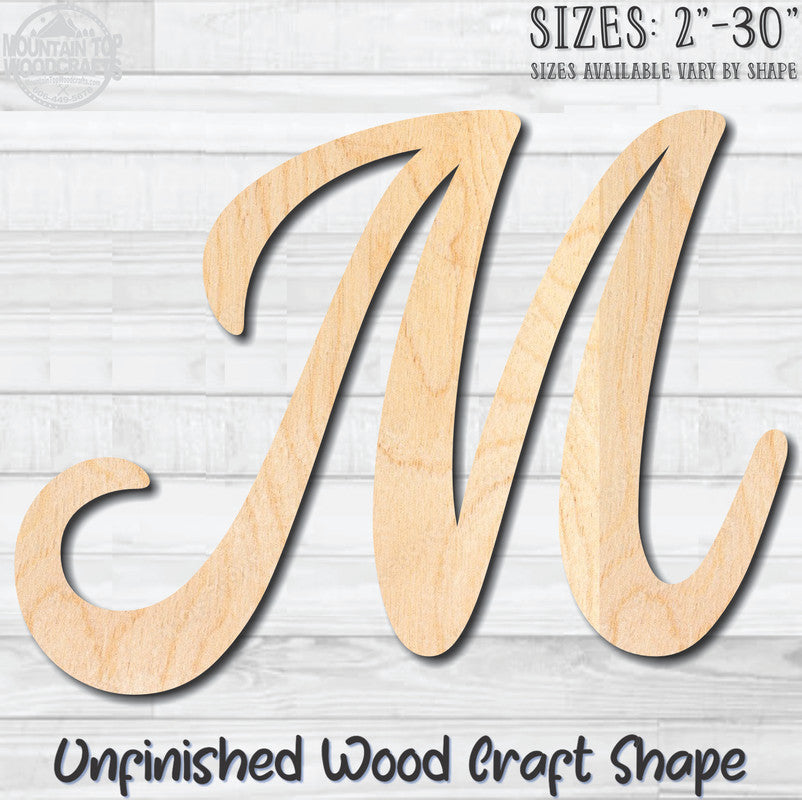 Script Letter M Fancy Unfinished Wood Shape Blank Laser Engraved Cutout Woodcraft Craft Supply
