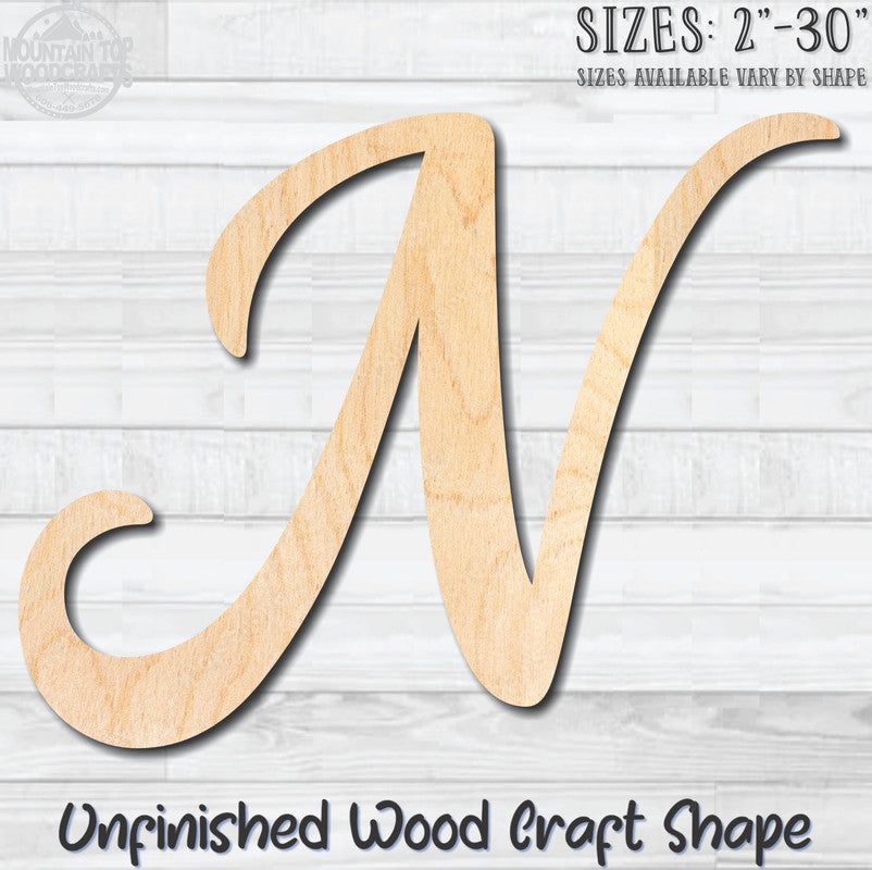 Script Letter N Fancy Unfinished Wood Shape Blank Laser Engraved Cutout Woodcraft Craft Supply