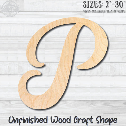 Script Letter P Fancy Unfinished Wood Shape Blank Laser Engraved Cutout Woodcraft Craft Supply