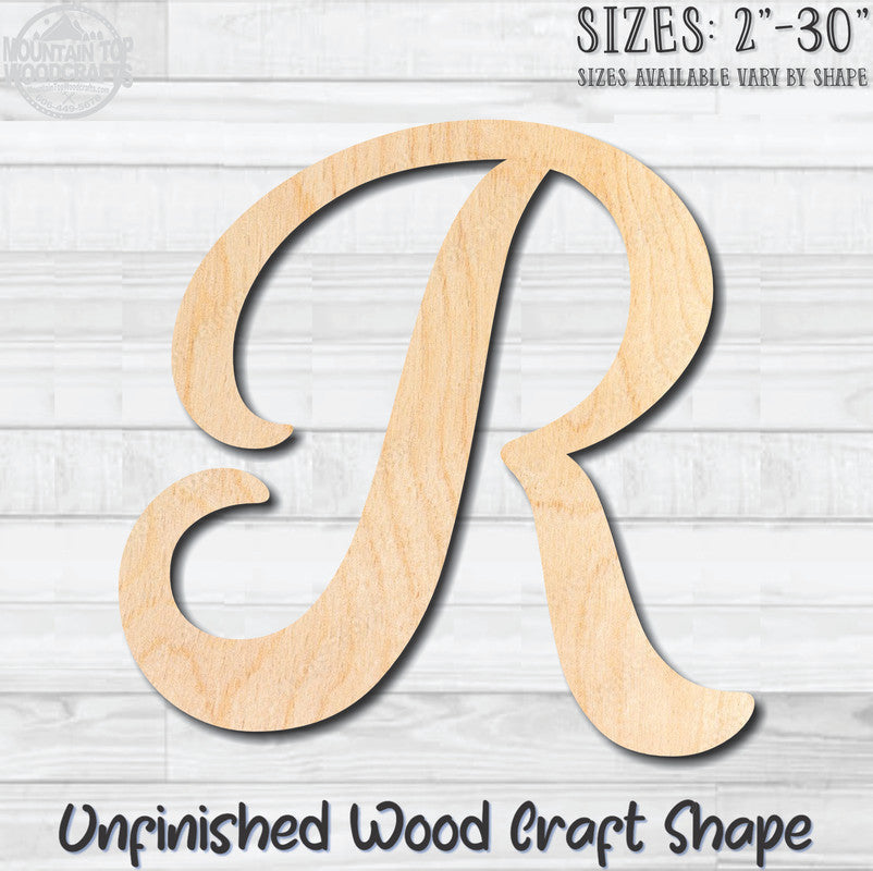 Script Letter R Fancy Unfinished Wood Shape Blank Laser Engraved Cutout Woodcraft Craft Supply