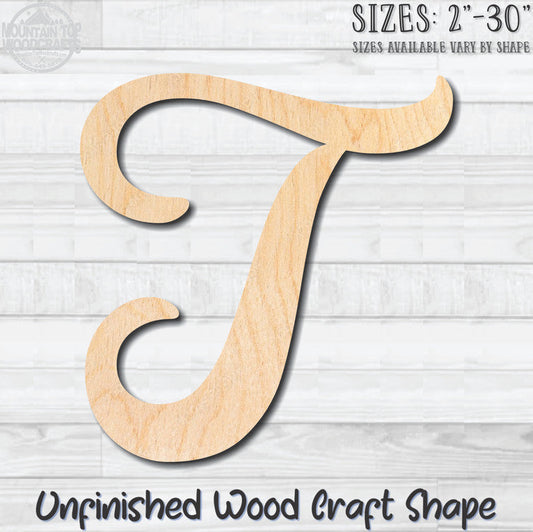 Script Letter T Fancy Unfinished Wood Shape Blank Laser Engraved Cutout Woodcraft Craft Supply