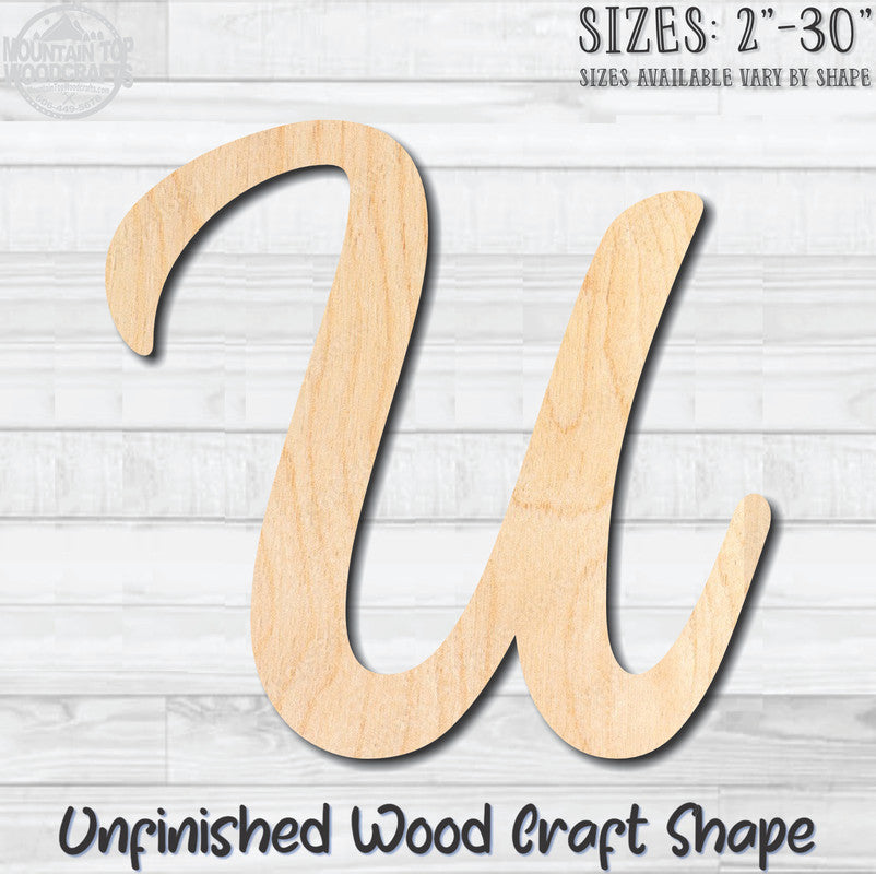 Script Letter U Fancy Unfinished Wood Shape Blank Laser Engraved Cutout Woodcraft Craft Supply