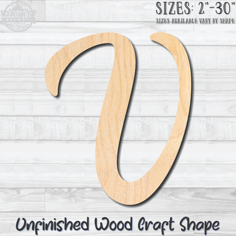 Script Letter V Fancy Unfinished Wood Shape Blank Laser Engraved Cutout Woodcraft Craft Supply