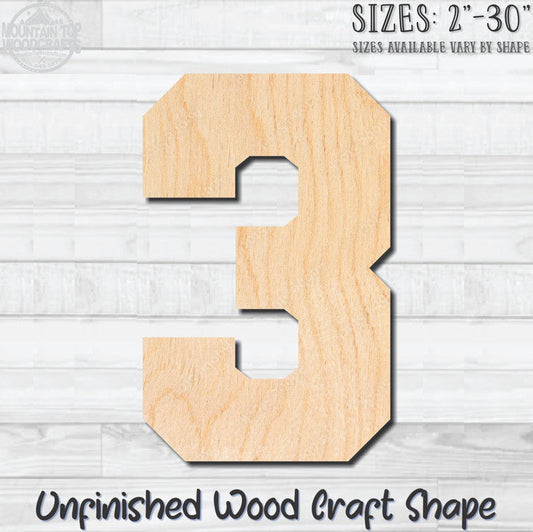 Varsity Number 3 Sports Unfinished Wood Shape Blank Laser Engraved Cutout Woodcraft Craft Supply