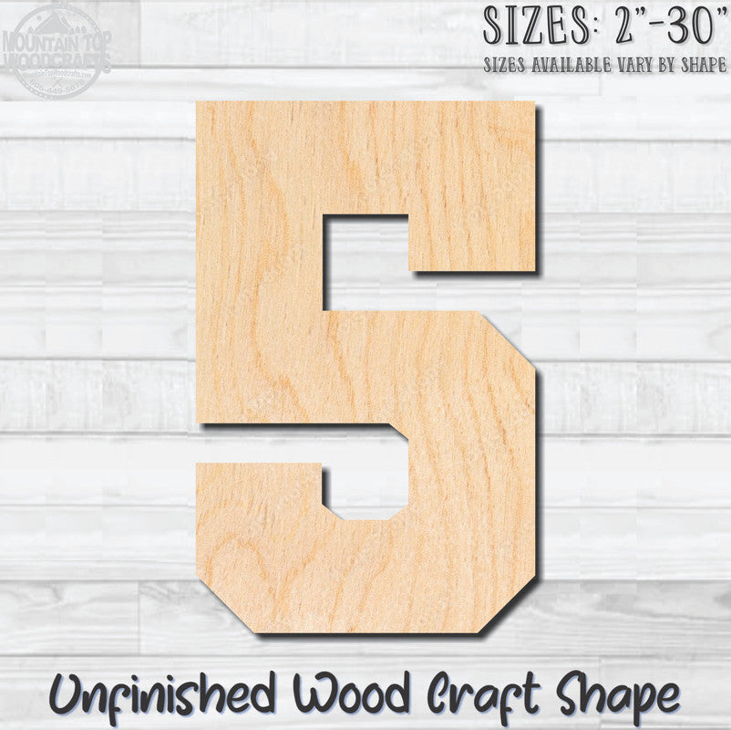 Varsity Number 5 Sports Unfinished Wood Shape Blank Laser Engraved Cutout Woodcraft Craft Supply