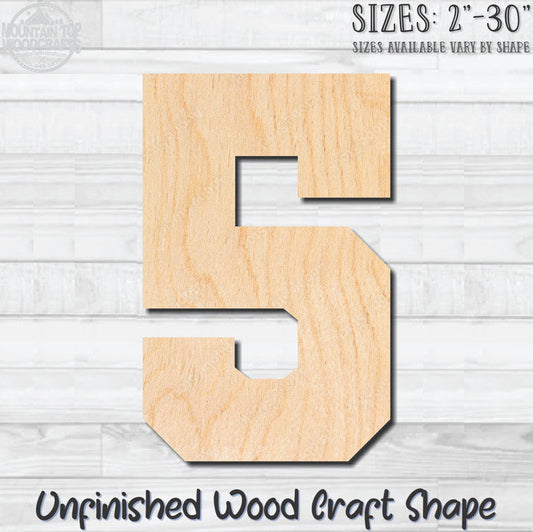 Varsity Number 5 Sports Unfinished Wood Shape Blank Laser Engraved Cutout Woodcraft Craft Supply