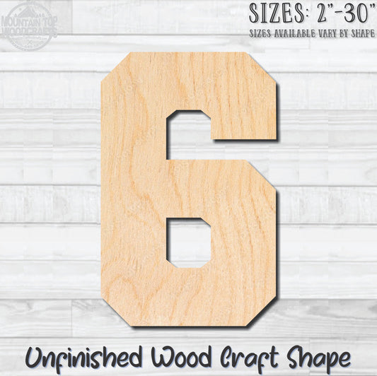 Varsity Number 6 Sports Unfinished Wood Shape Blank Laser Engraved Cutout Woodcraft Craft Supply