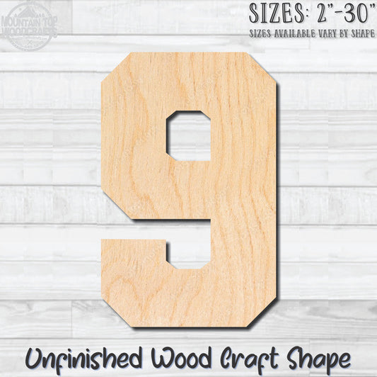 Varsity Number 9 Sports Unfinished Wood Shape Blank Laser Engraved Cutout Woodcraft Craft Supply
