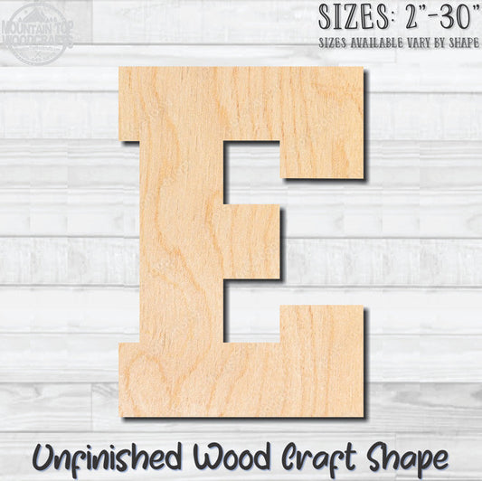 Varsity Letter E Sports Unfinished Wood Shape Blank Laser Engraved Cutout Woodcraft Craft Supply
