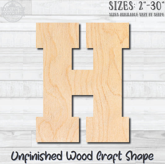 Varsity Letter H Sports Unfinished Wood Shape Blank Laser Engraved Cutout Woodcraft Craft Supply