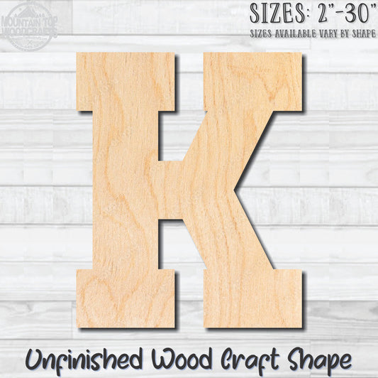 Varsity Letter K Sports Unfinished Wood Shape Blank Laser Engraved Cutout Woodcraft Craft Supply