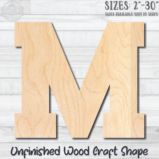 Varsity Letter M Sports Unfinished Wood Shape Blank Laser Engraved Cutout Woodcraft Craft Supply