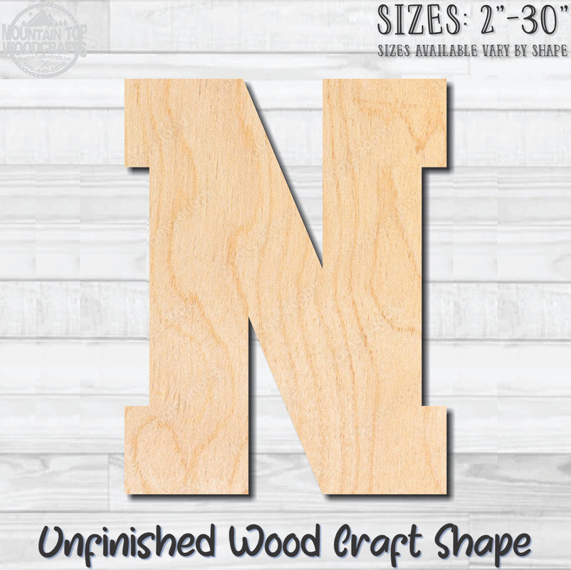Varsity Letter N Sports Unfinished Wood Shape Blank Laser Engraved Cutout Woodcraft Craft Supply