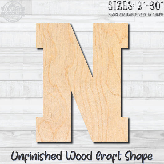Varsity Letter N Sports Unfinished Wood Shape Blank Laser Engraved Cutout Woodcraft Craft Supply