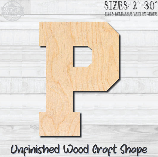Varsity Letter P Sports Unfinished Wood Shape Blank Laser Engraved Cutout Woodcraft Craft Supply