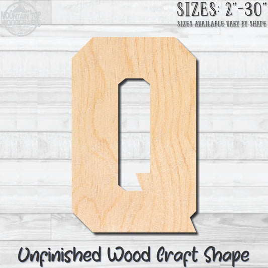 Varsity Letter Q Sports Unfinished Wood Shape Blank Laser Engraved Cutout Woodcraft Craft Supply