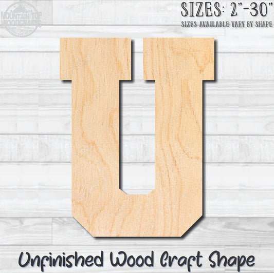 Varsity Letter U Sports Unfinished Wood Shape Blank Laser Engraved Cutout Woodcraft Craft Supply