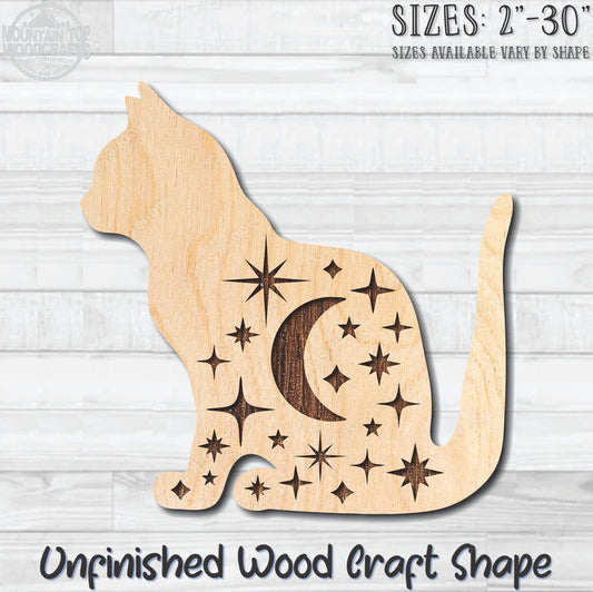 Celestial Cat Stars Moon Unfinished Wood Shape Blank Laser Engraved Cutout Woodcraft Craft Supply