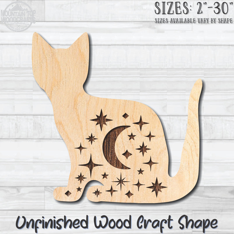 Celestial Kitten Stars Moon Cat Unfinished Wood Shape Blank Laser Engraved Cutout Woodcraft Craft Supply
