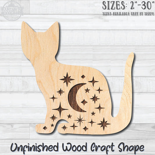 Celestial Kitten Stars Moon Cat Unfinished Wood Shape Blank Laser Engraved Cutout Woodcraft Craft Supply