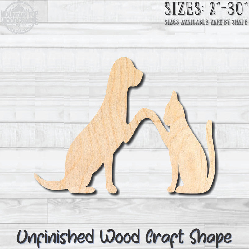 Cat & Dog Holding Paws Friends Unfinished Wood Shape Blank Laser Engraved Cutout Woodcraft Craft Supply
