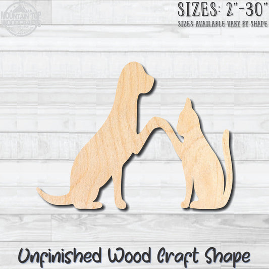 Cat & Dog Holding Paws Friends Unfinished Wood Shape Blank Laser Engraved Cutout Woodcraft Craft Supply