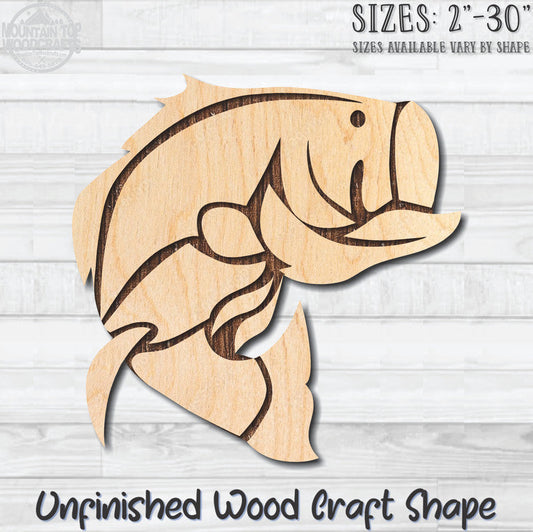 Bass Fish 5 Unfinished Wood Shape Blank Laser Engraved Cutout Woodcraft Craft Supply