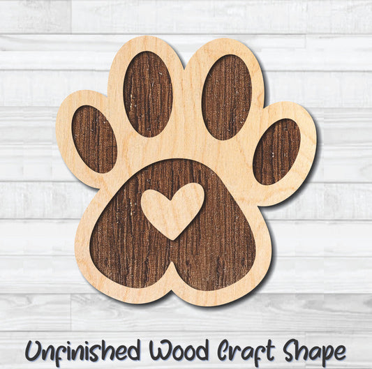 Heart Paw Print Unfinished Wood Shape Blank Laser Engraved Cut Out Woodcraft Craft Supply