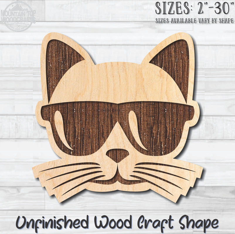 Cat Face Sunglasses Unfinished Wood Shape Blank Laser Engraved Cut Out Woodcraft Craft Supply