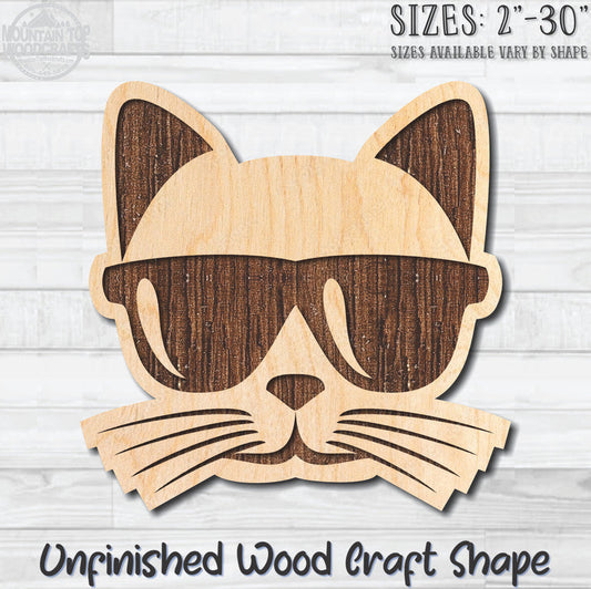 Cat Face Sunglasses Unfinished Wood Shape Blank Laser Engraved Cut Out Woodcraft Craft Supply
