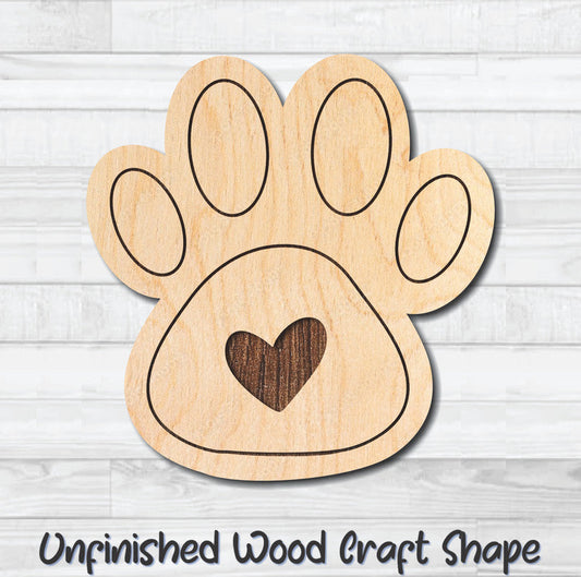 Heart Paw Print Unfinished Wood Shape Blank Laser Engraved Cut Out Woodcraft Craft Supply