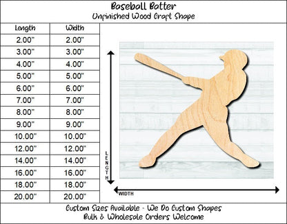 Baseball Batter Player Unfinished Wood Shape Blank Laser Engraved Cut Out Woodcraft Craft Supply