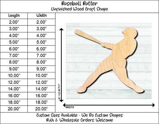Baseball Batter Player Unfinished Wood Shape Blank Laser Engraved Cut Out Woodcraft Craft Supply