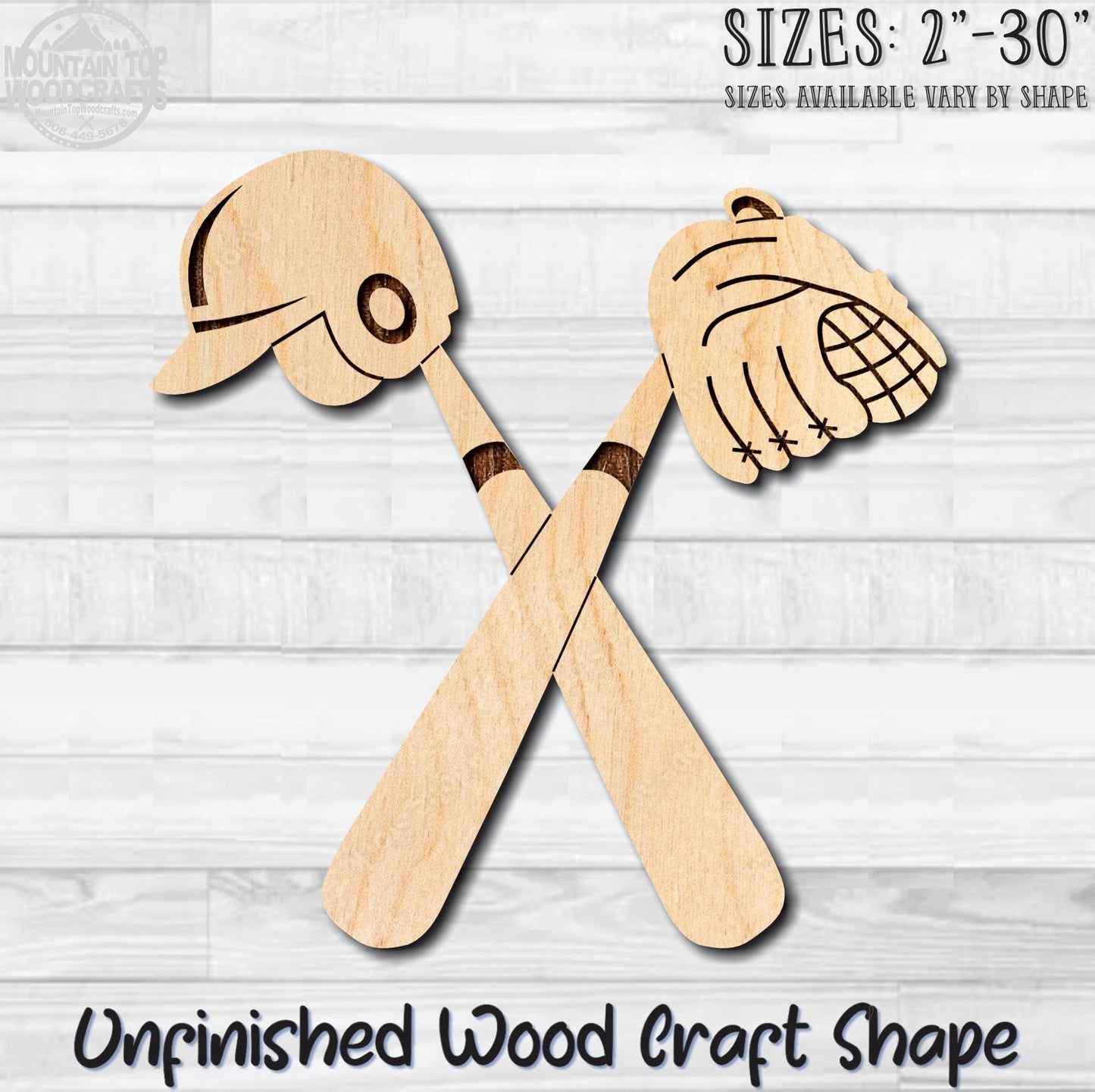 Baseball Cross Bats Helmet Mitt Glove Unfinished Wood Shape Blank Laser Engraved Cut Out Woodcraft Craft Supply