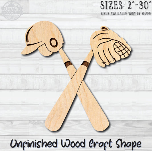 Baseball Cross Bats Helmet Mitt Glove Unfinished Wood Shape Blank Laser Engraved Cut Out Woodcraft Craft Supply