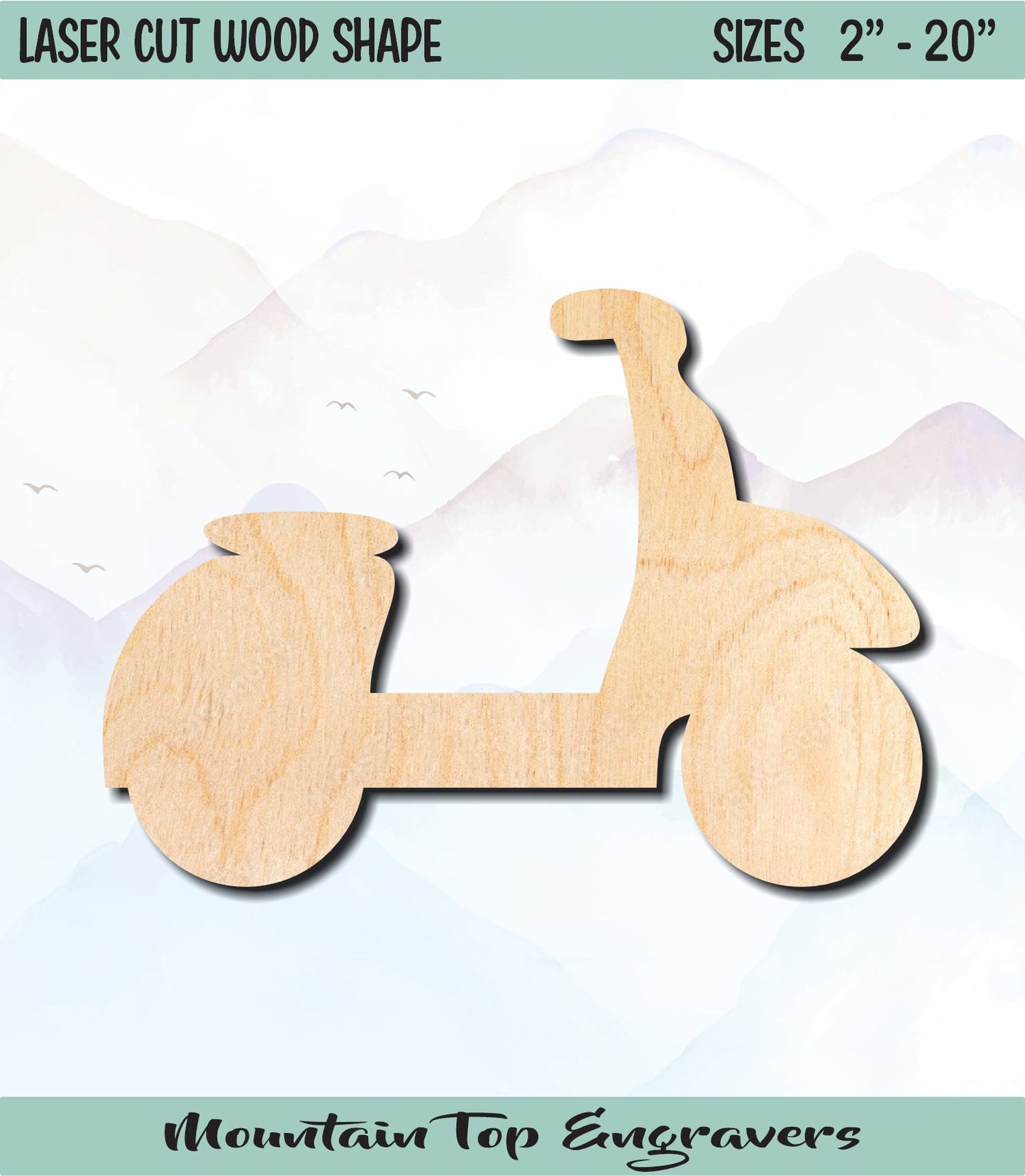 Scooter Moped Unfinished Wood Shape Blank Laser Engraved Cut Out Woodcraft Craft Supply