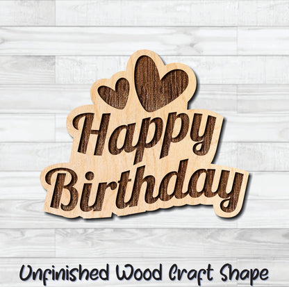 Happy Birthday Heart Wording Badge Unfinished Wood Shape Blank Laser Engraved Cut Out Woodcraft Craft Supply