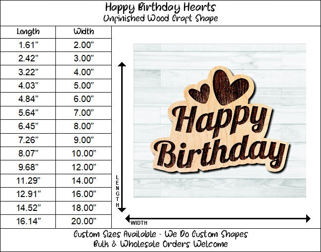 Happy Birthday Heart Wording Badge Unfinished Wood Shape Blank Laser Engraved Cut Out Woodcraft Craft Supply