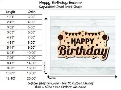 Happy Birthday Banner Balloons Wording Badge Unfinished Wood Shape Blank Laser Engraved Cut Out Woodcraft Craft Supply