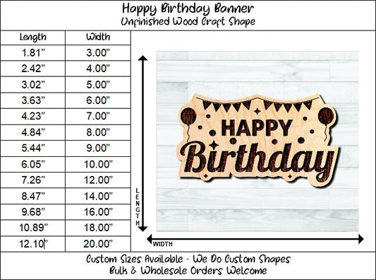 Happy Birthday Banner Balloons Wording Badge Unfinished Wood Shape Blank Laser Engraved Cut Out Woodcraft Craft Supply