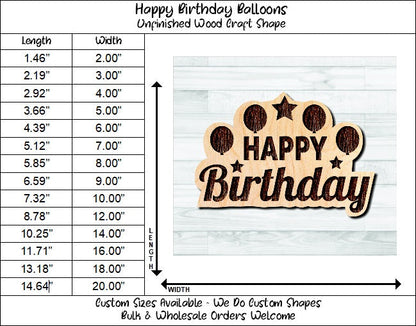 Happy Birthday Balloons Wording Badge Unfinished Wood Shape Blank Laser Engraved Cut Out Woodcraft Craft Supply