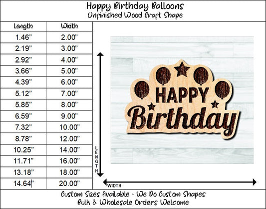 Happy Birthday Balloons Wording Badge Unfinished Wood Shape Blank Laser Engraved Cut Out Woodcraft Craft Supply