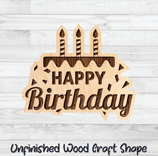 Happy Birthday Cake Candles Wording Badge Unfinished Wood Shape Blank Laser Engraved Cut Out Woodcraft Craft Supply