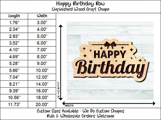 Happy Birthday Confetti Bow Wording Badge Unfinished Wood Shape Blank Laser Engraved Cut Out Woodcraft Craft Supply